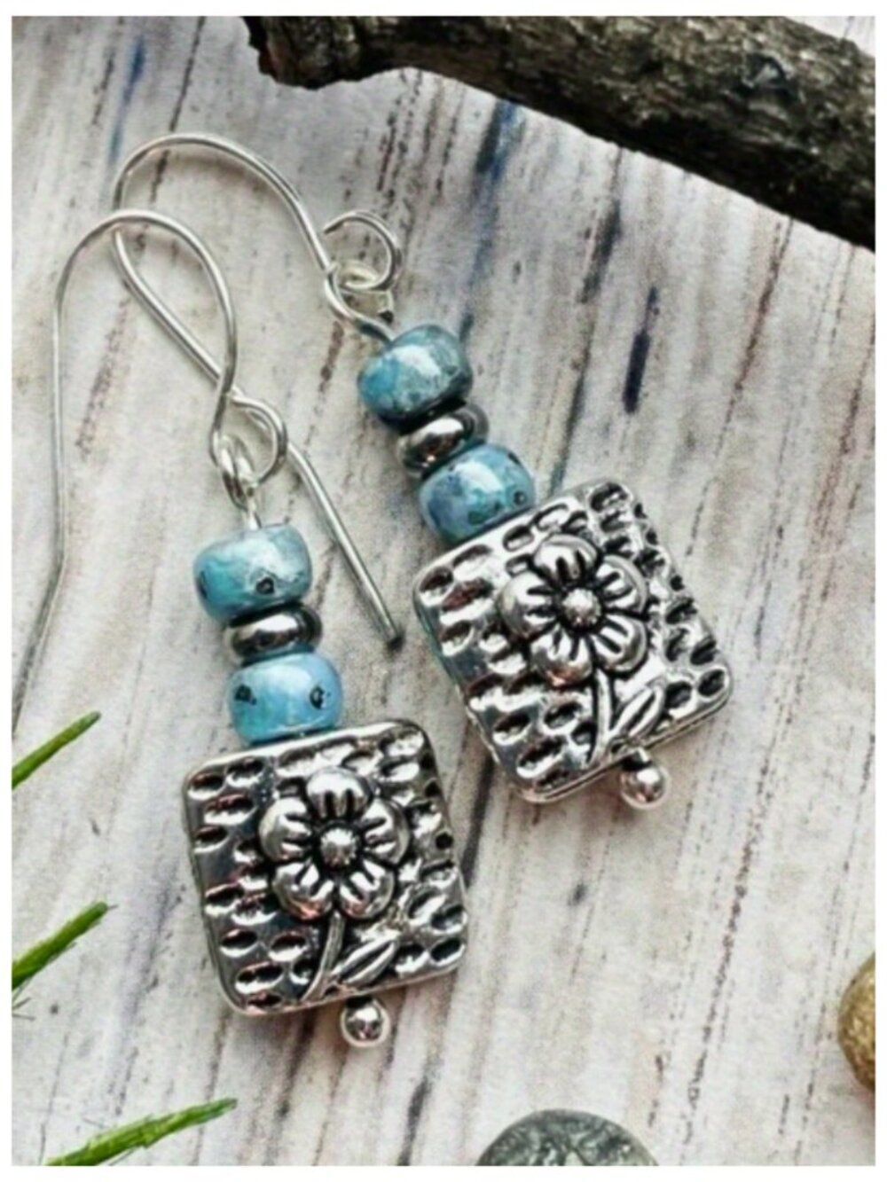 NWT Boho Chic Artisan Earrings Faux Turquoise Silver-Tone Beads Embossed
